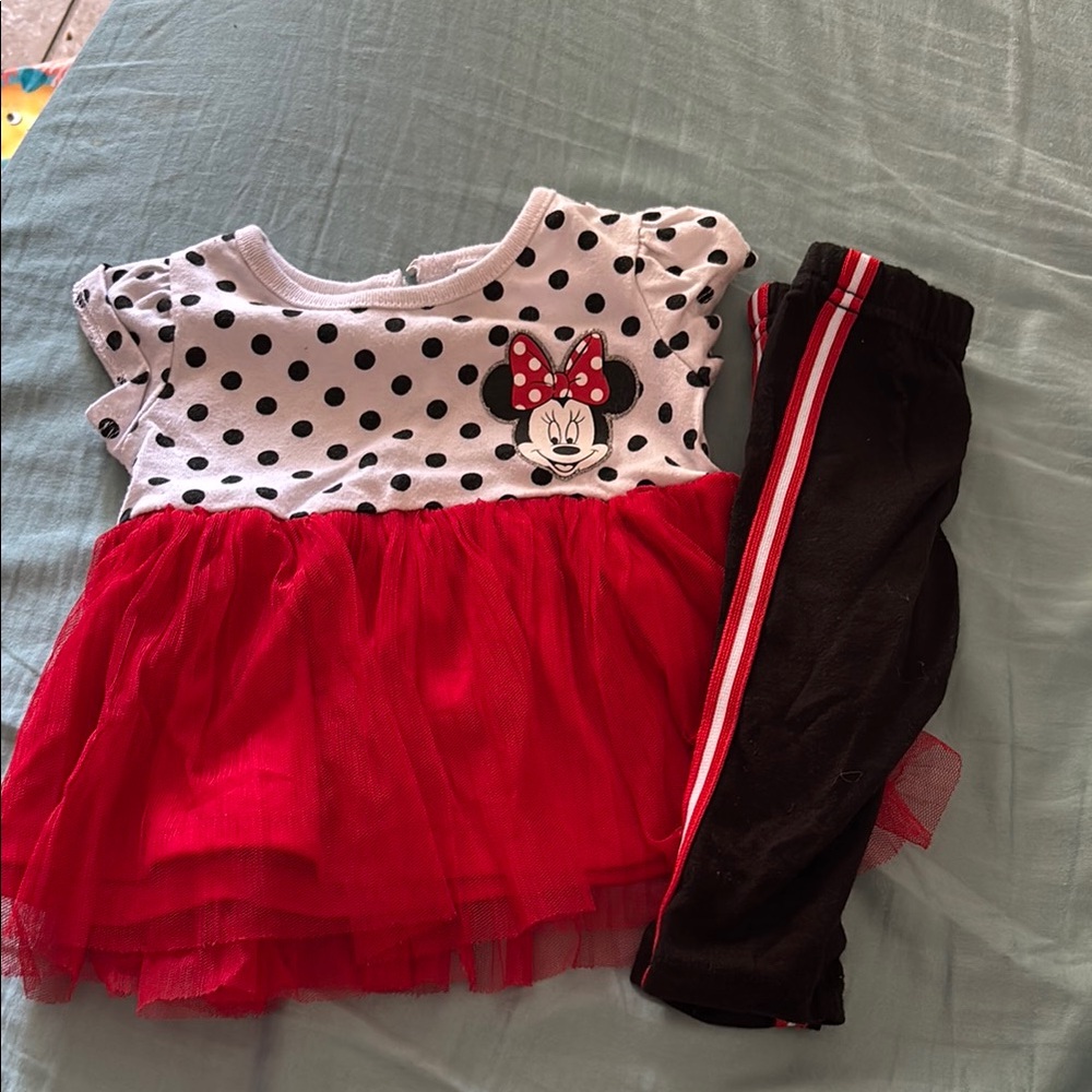 Minnie Mouse Polka Dot Dress with Red Tulle and Black Leggings